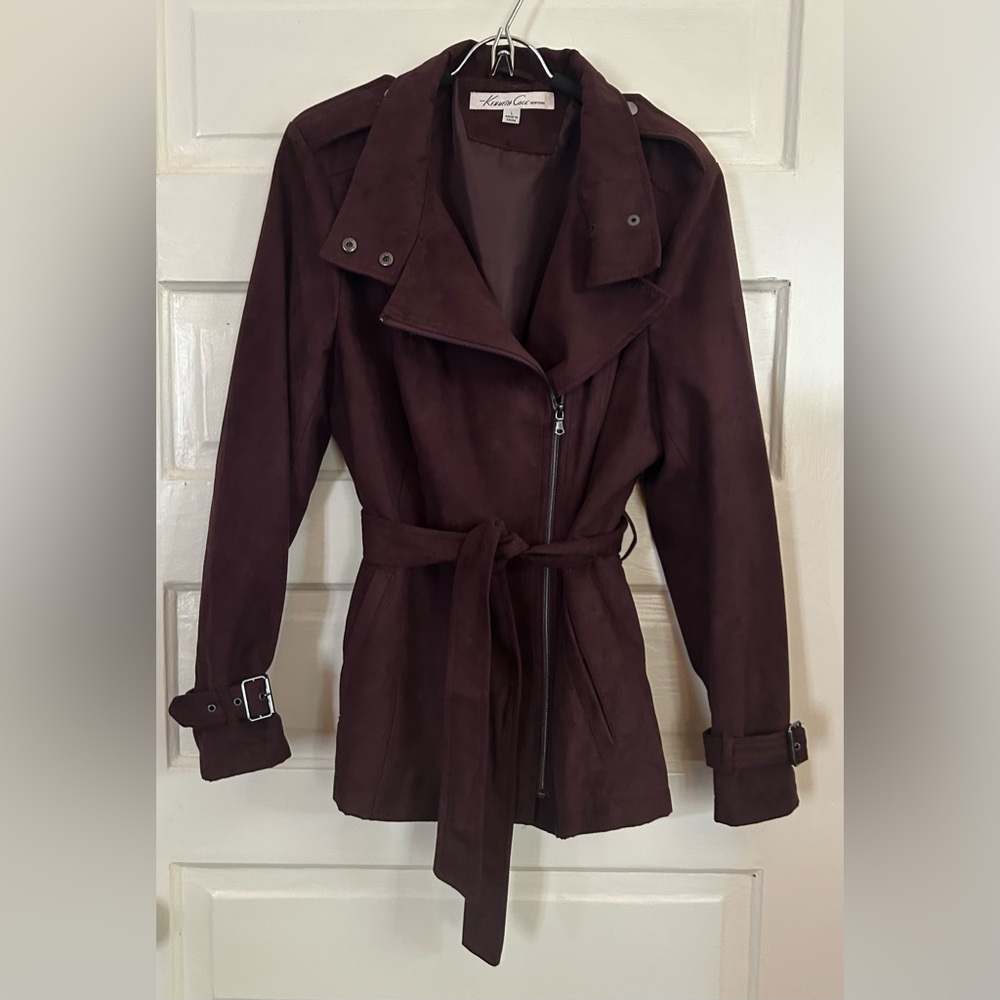 NWOT Kenneth Cole Rich Burgundy Microsuede Trench Coat, size L